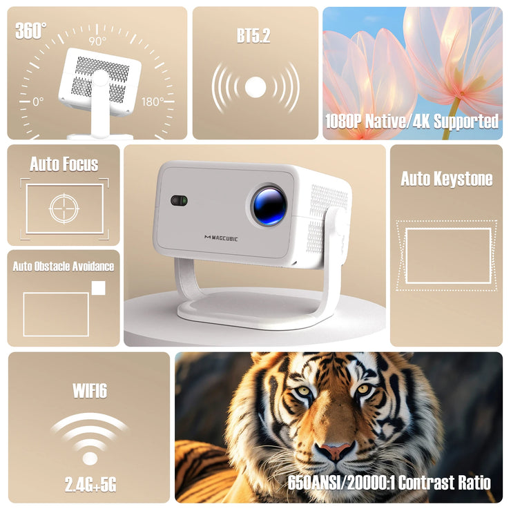 Magcubic Native 1080P 650 ANSI 4K Android 11 L018 Projecteur avec Auto Keystone Correction Focus Wifi6 BT5.2 Portable Movie Outdoor