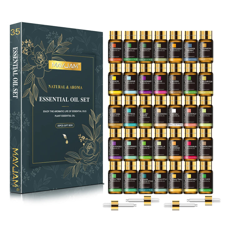MAYJAM 35 Bottles Aromatherapy Essential Oil Gift Set Lavender JasmiCoffret cadeau d'huiles essentielles d'aromathérapie MAYJAM 35 bouteilles Huiles parfumées à la lavande, au jasmin, à l'eucalyptus, à la vanille, à la menthe poivrée et au bois de santal