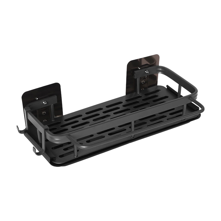 Space-Saving Kitchen Sink Organizer, Wall-Mounted Drain Rack with Drip Tray, 2 Hooks, Aluminum and Plastic Design for Neat and D.Organisateur d'évier de cuisine peu encombrant, rack de drainage mural avec bac à goutte, 2 crochets, design en aluminium.