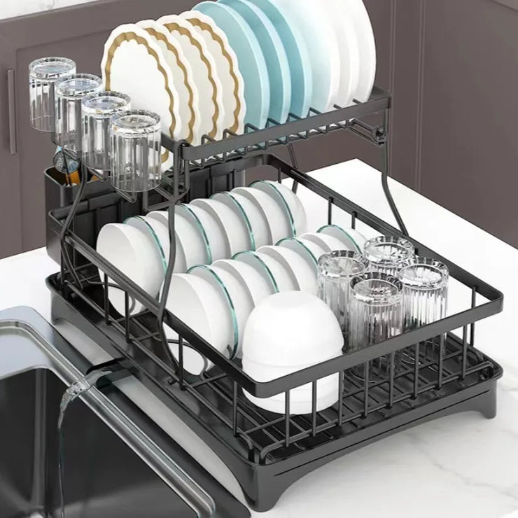 Large 2-tier dish drying rack for kitchen countertops, removable large-capacity dish draining rack.Grande grille de séchage à 2 niveaux pour comptoirs de cuisine, porte-dépouille amovible à grande capacité.