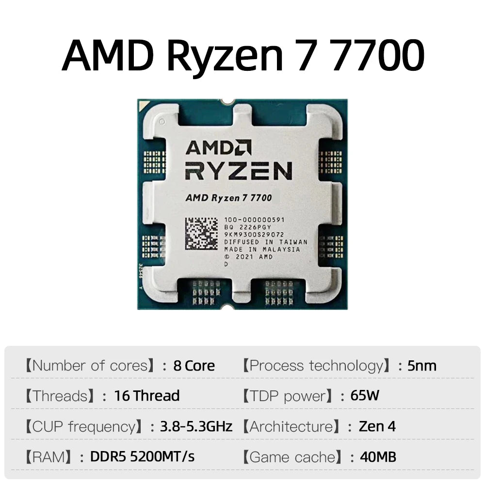 AMD Ryzen 7 7700x R7 7700x 4.5 GHz 8-Core 16-Thread CPU Processor 5NM L3=32M Socket AM5 Sealed Without cooler.AMD Ryzen 7 700 R7 7700 4,5 GHz Processeur processeur processeur CPU 16 fils 8 NM L3 = 32 M Socket AM5 Scellé sans refroidisseur.