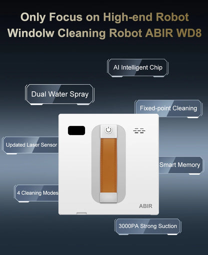 ABIR WD8 Robot Window Vacuum Cleaner,Dual Water Spray,Laser Sensor,Smart Home Glass Wall Wet Dry Cleaning ,APP&Remote Control.ABIR WD8 Robot Window Vacuum Cleaner, Dual Water Spray, Capteur laser, Nettoyage sec mural à sec en verre domestique intelligent,