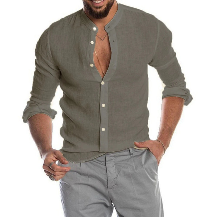 Chemise Homme Lin Coton Été Col Mao Manches Longues