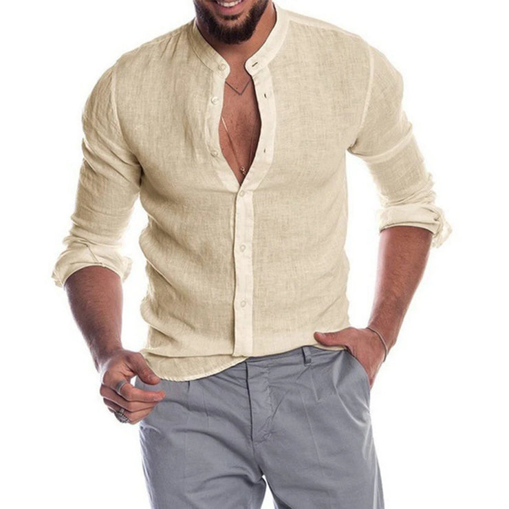 Chemise Homme Lin Coton Été Col Mao Manches Longues