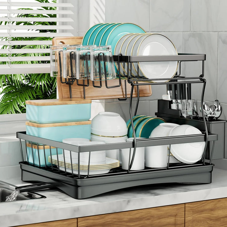 Large 2-tier dish drying rack for kitchen countertops, removable large-capacity dish draining rack.Grande grille de séchage à 2 niveaux pour comptoirs de cuisine, porte-dépouille amovible à grande capacité.
