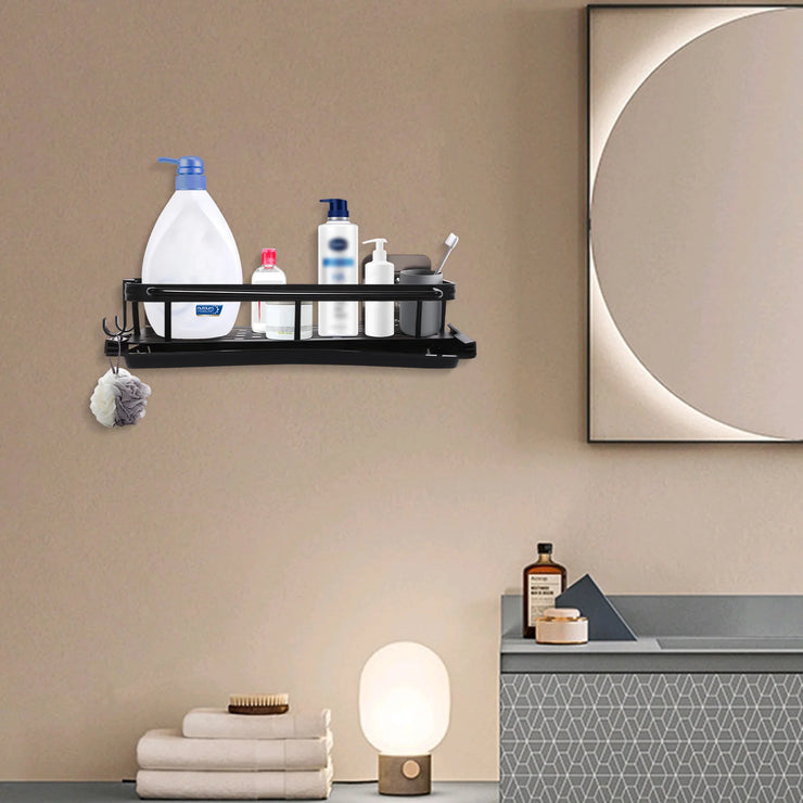 Space-Saving Kitchen Sink Organizer, Wall-Mounted Drain Rack with Drip Tray, 2 Hooks, Aluminum and Plastic Design for Neat and D.Organisateur d'évier de cuisine peu encombrant, rack de drainage mural avec bac à goutte, 2 crochets, design en aluminium.