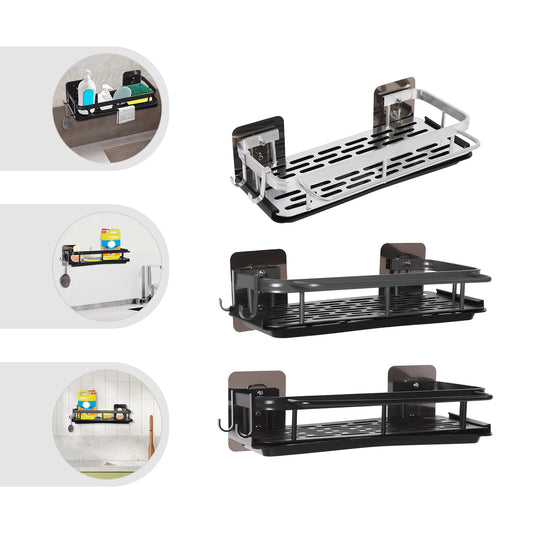 Space-Saving Kitchen Sink Organizer, Wall-Mounted Drain Rack with Drip Tray, 2 Hooks, Aluminum and Plastic Design for Neat and D.Organisateur d'évier de cuisine peu encombrant, rack de drainage mural avec bac à goutte, 2 crochets, design en aluminium.