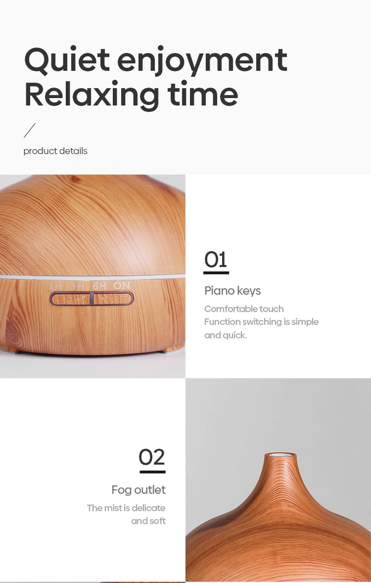 High Quality 500ml Aromatherapy Essential Oil Diffuser Wood Grain Remote Control Ultrasonic Air Humidifier with 7 Colors Light.Humidifier à air ultrasonique de haute qualité 500ml Humidifier à huile essentielle d'aromathérapie avec 7 couleurs.