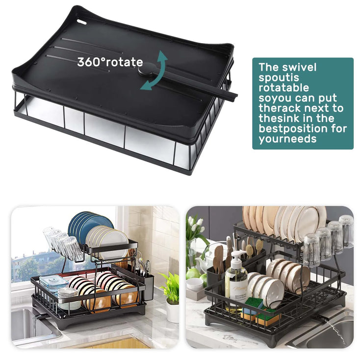 Large 2-tier dish drying rack for kitchen countertops, removable large-capacity dish draining rack.Grande grille de séchage à 2 niveaux pour comptoirs de cuisine, porte-dépouille amovible à grande capacité.
