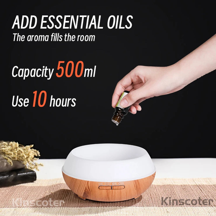 High Quality 500ml Aromatherapy Essential Oil Diffuser Wood Grain Remote Control Ultrasonic Air Humidifier with 7 Colors Light.Humidifier à air ultrasonique de haute qualité 500ml Humidifier à huile essentielle d'aromathérapie avec 7 couleurs.
