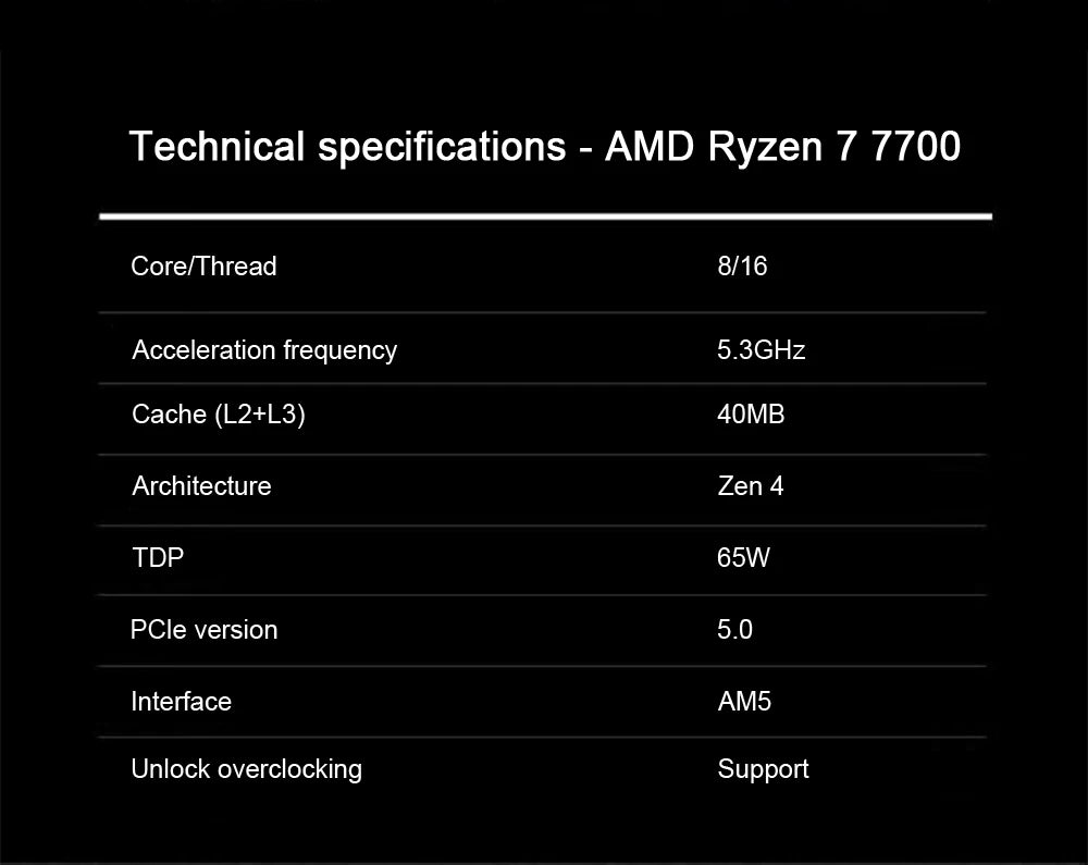 AMD Ryzen 7 7700x R7 7700x 4.5 GHz 8-Core 16-Thread CPU Processor 5NM L3=32M Socket AM5 Sealed Without cooler.AMD Ryzen 7 700 R7 7700 4,5 GHz Processeur processeur processeur CPU 16 fils 8 NM L3 = 32 M Socket AM5 Scellé sans refroidisseur.
