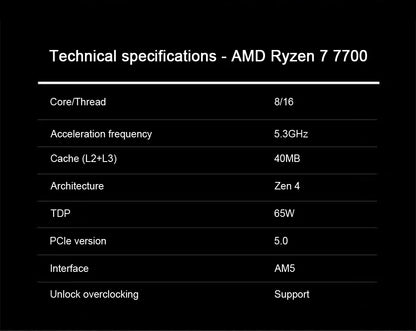 AMD Ryzen 7 7700x R7 7700x 4.5 GHz 8-Core 16-Thread CPU Processor 5NM L3=32M Socket AM5 Sealed Without cooler.AMD Ryzen 7 700 R7 7700 4,5 GHz Processeur processeur processeur CPU 16 fils 8 NM L3 = 32 M Socket AM5 Scellé sans refroidisseur.