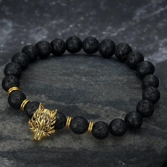 wolf lava stone bracelet men volcanic bead viking style