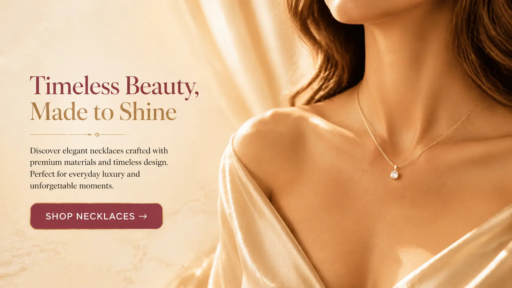 A close-up lifestyle image of a woman wearing a delicate gold necklace with a sparkling round pendant, set against a warm beige background with elegant draped fabric. Text below reads 'Timeless Beauty, Made to Shine' with a 'SHOP NECKLACES' button.