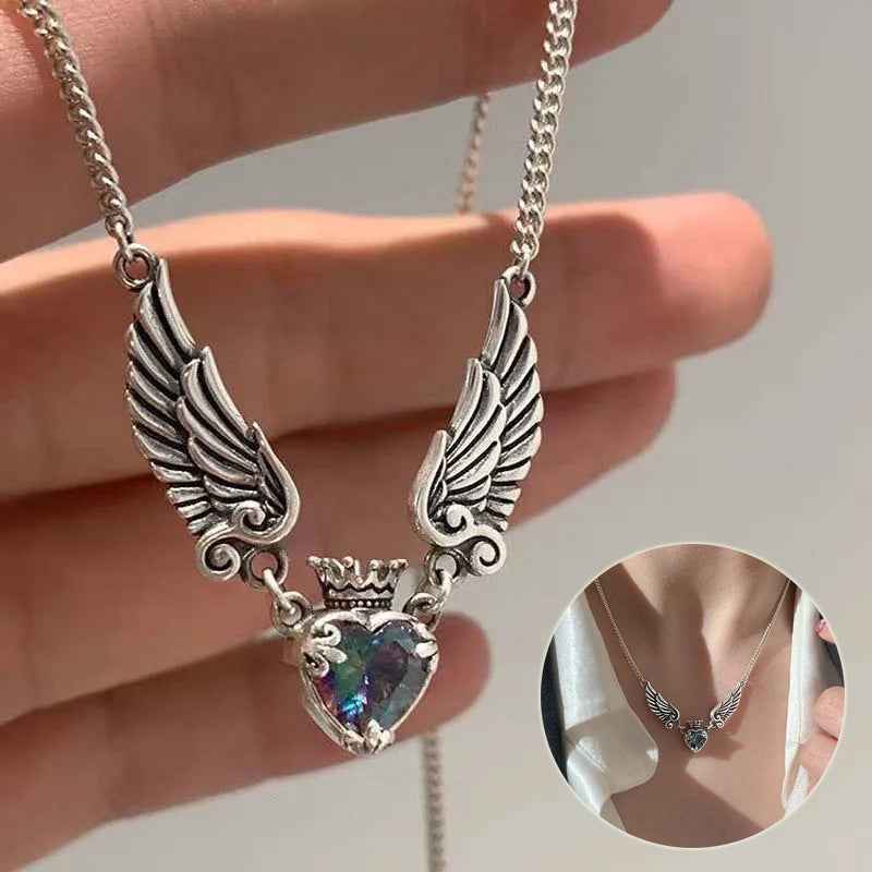 vintage gothic angel necklace crown heart wings pendant
