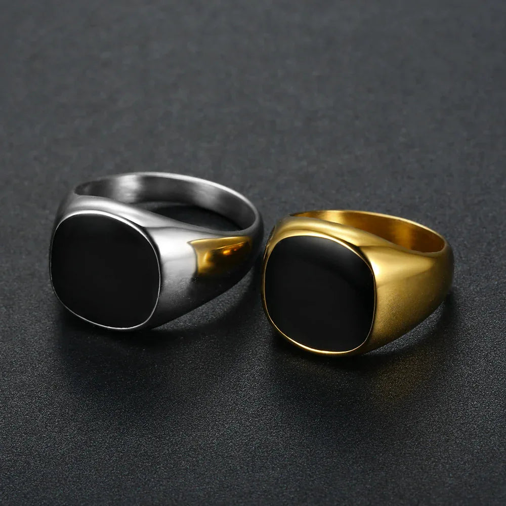men black and golden geometric ring titanium steel square design