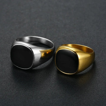 men black and golden geometric ring titanium steel square design