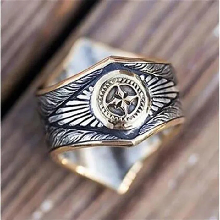 men vintage two tone geometric ring glyph design