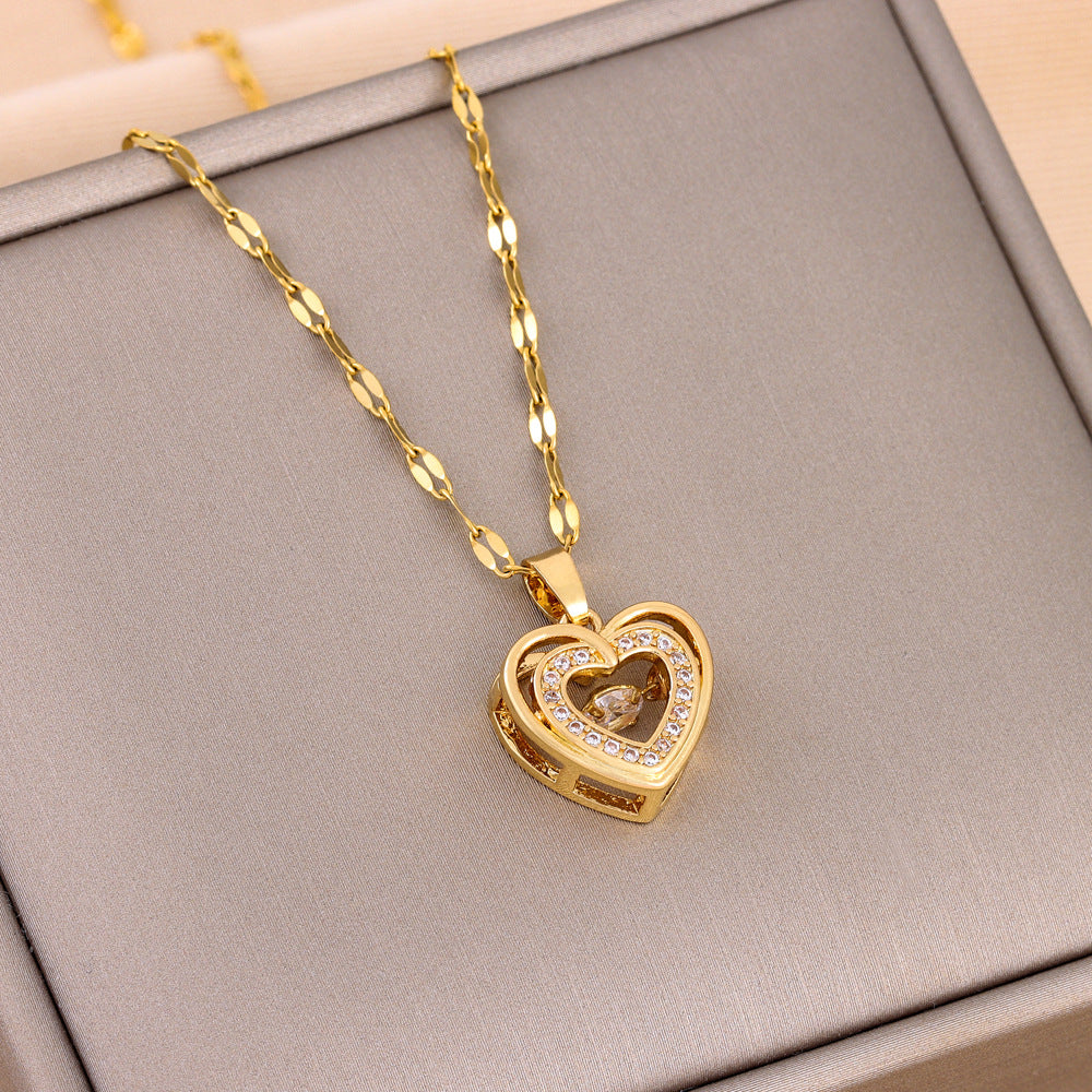 double heart rhinestone necklace titanium steel gift for her