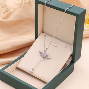 Collier Cupidon Cœur Ailes Ange Pompon Cristal - Saint-Valentin Femme